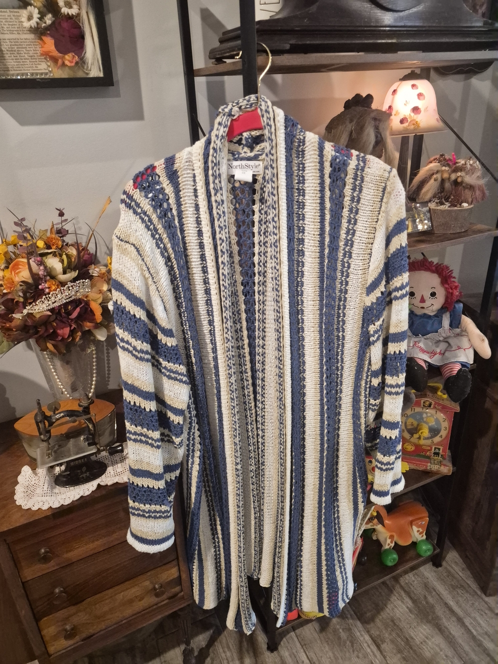 NorthStyle  Striped Open-Front Cardigan in Blue and Cream